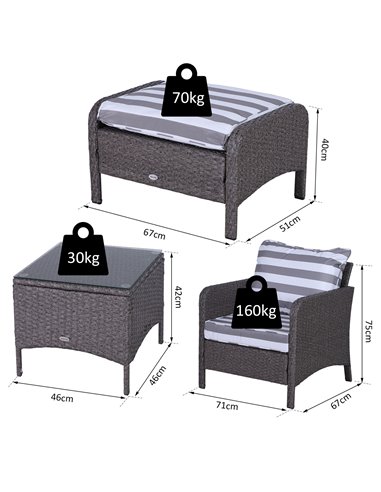 Outsunny 2 Seater PE Rattan Garden Furniture Set, 2 Armchairs 2 Stools Glass Top Table Cushions Wicker Weave Chairs Outdoor Seat