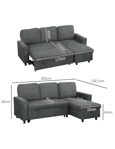 HOMCOM L Sofa Bed, with Storage - Charcoal Grey 83B-143V70CG