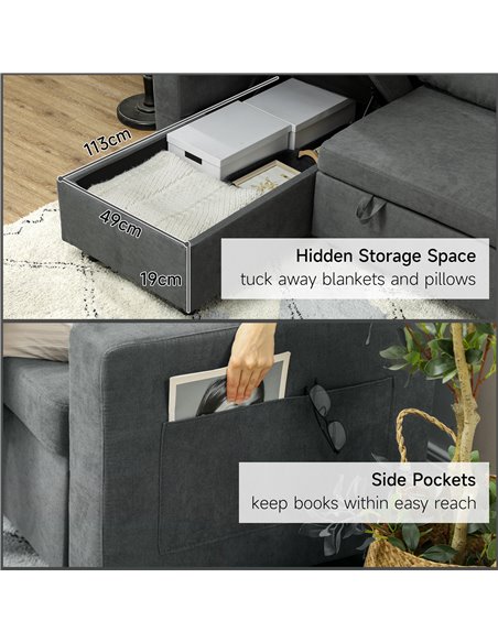 HOMCOM L Sofa Bed, with Storage - Charcoal Grey 83B-143V70CG - pic 100742 | FastDaddyshop