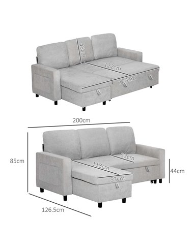 HOMCOM L Sofa Bed, with Storage - Light Grey 83B-143V70LG