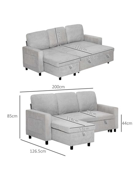 HOMCOM L Sofa Bed, with Storage - Light Grey 83B-143V70LG - pic 100749 | FastDaddyshop