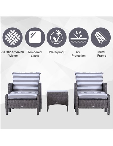 Outsunny 2 Seater PE Rattan Garden Furniture Set, 2 Armchairs 2 Stools Glass Top Table Cushions Wicker Weave Chairs Outdoor Seat