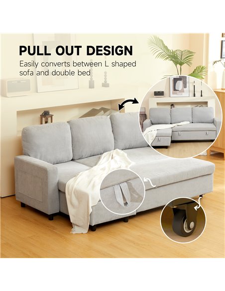 HOMCOM L Sofa Bed, with Storage - Light Grey 83B-143V70LG - pic 100750 | FastDaddyshop