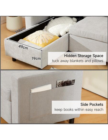 HOMCOM L Sofa Bed, with Storage - Light Grey 83B-143V70LG - pic 100751 | FastDaddyshop