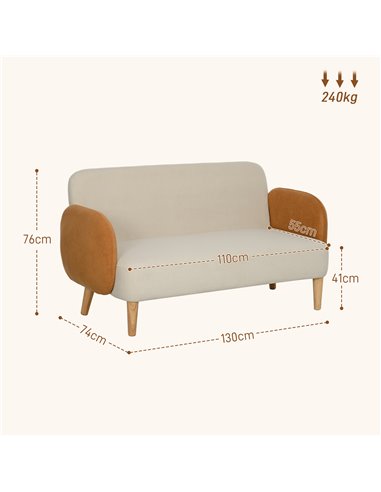 HOMCOM Two-Seater Velvet-Feel Mid Century Sofa - Cream/Orange 83B-054V70CW