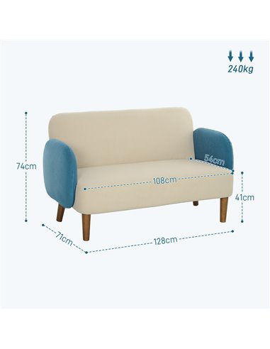 HOMCOM Two-Seater Velvet-Feel Mid Century Sofa - Cream/Blue 83B-054V71CW
