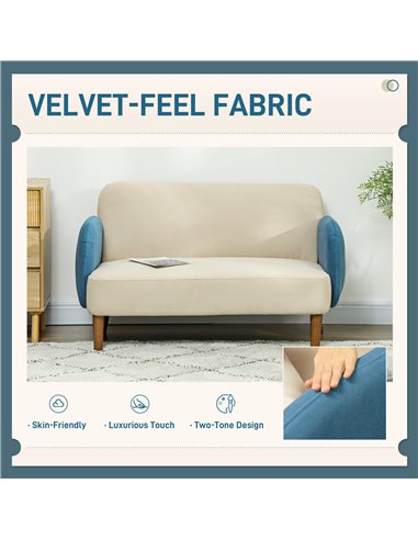 HOMCOM Two-Seater Velvet-Feel Mid Century Sofa - Cream/Blue 83B-054V71CW