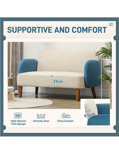 HOMCOM Two-Seater Velvet-Feel Mid Century Sofa - Cream/Blue 83B-054V71CW