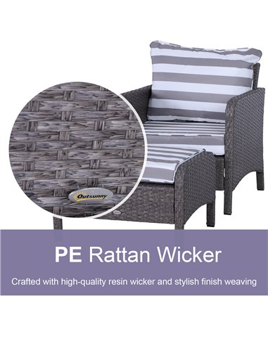 Outsunny 2 Seater PE Rattan Garden Furniture Set, 2 Armchairs 2 Stools Glass Top Table Cushions Wicker Weave Chairs Outdoor Seat