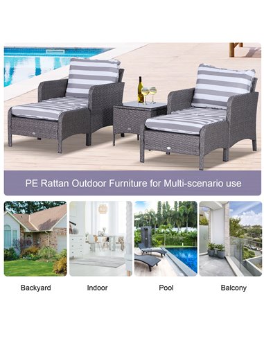 Outsunny 2 Seater PE Rattan Garden Furniture Set, 2 Armchairs 2 Stools Glass Top Table Cushions Wicker Weave Chairs Outdoor Seat