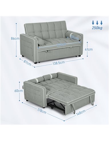 HOMCOM Two-Seater Linen-Look Sofa Bed - Light Grey 83B-174V70LG