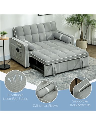 HOMCOM Two-Seater Linen-Look Sofa Bed - Light Grey 83B-174V70LG