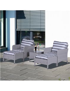 Outsunny 2-Seater PE Rattan Garden Furniture Set, 2 Armchairs, 2 Stools, Glass Top Table, Cushions, Grey 2