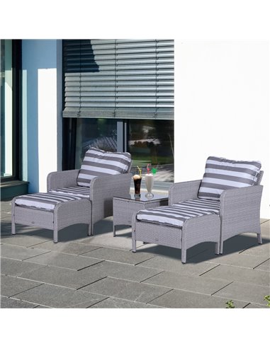 Outsunny 2 Seater PE Rattan Garden Furniture Set, 2 Armchairs 2 Stools Glass Top Table Cushions Wicker Weave Chairs Outdoor Seat