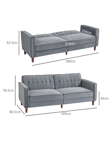 HOMCOM Velvet-Feel Three-Seater Sofa Bed - Dark Grey 839-076V73CG