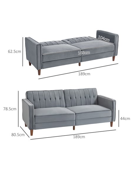 HOMCOM Velvet-Feel Three-Seater Sofa Bed - Dark Grey 839-076V73CG - pic 100812 | FastDaddyshop