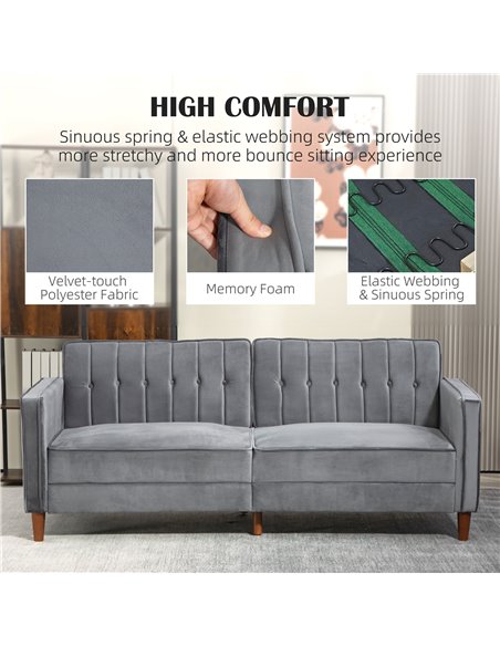 HOMCOM Velvet-Feel Three-Seater Sofa Bed - Dark Grey 839-076V73CG - pic 100815 | FastDaddyshop