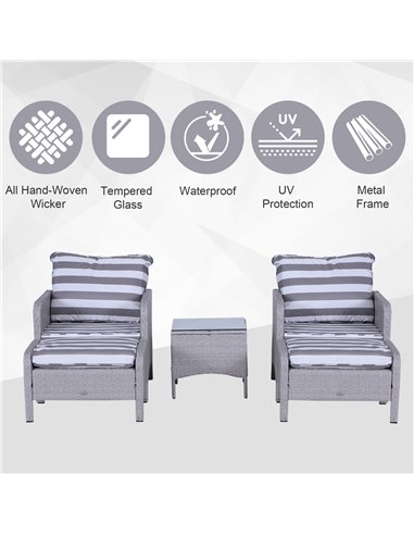 Outsunny 2 Seater PE Rattan Garden Furniture Set, 2 Armchairs 2 Stools Glass Top Table Cushions Wicker Weave Chairs Outdoor Seat