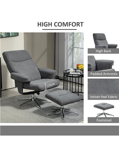 HOMCOM Recliner Chair with Footstool, Upholstered Velvet Fabric Armchair with Adjustable Back, Solid Wood Frame for Living Room,