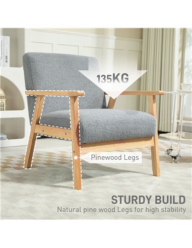 HOMCOM Accent Chair Wood Frame with Thick Cashmere Cushions Wide Seat Armchair Home Furniture Bedroom Office Grey 835-233V71GY