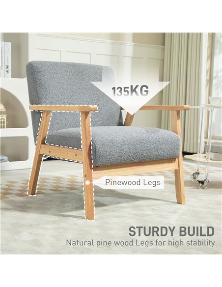HOMCOM Accent Chair Wood Frame with Thick Cashmere Cushions Wide Seat Armchair Home Furniture Bedroom Office Grey 835-233V71GY - pic 100995 | FastDaddyshop