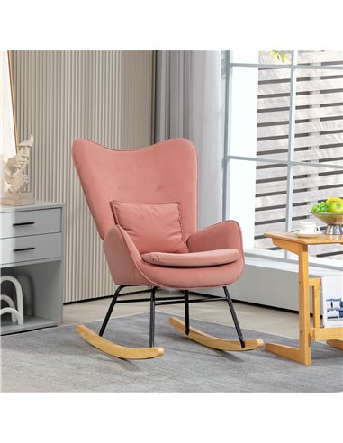 HOMCOM Velvet Rocking Chair Armchair with Lumbar Pillow, Metal Legs and Wood Base for Living Room, Bedroom, Pink 83B-006V70PK
