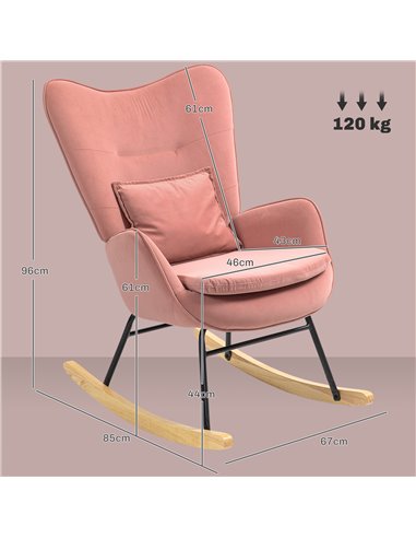 HOMCOM Velvet Rocking Chair Armchair with Lumbar Pillow, Metal Legs and Wood Base for Living Room, Bedroom, Pink 83B-006V70PK