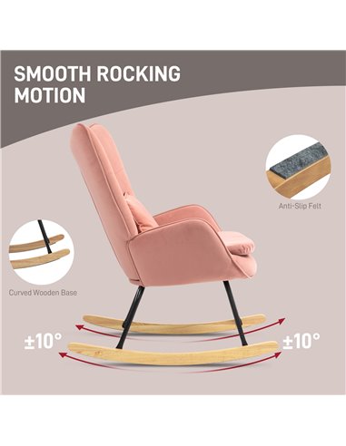 HOMCOM Velvet Rocking Chair Armchair with Lumbar Pillow, Metal Legs and Wood Base for Living Room, Bedroom, Pink 83B-006V70PK