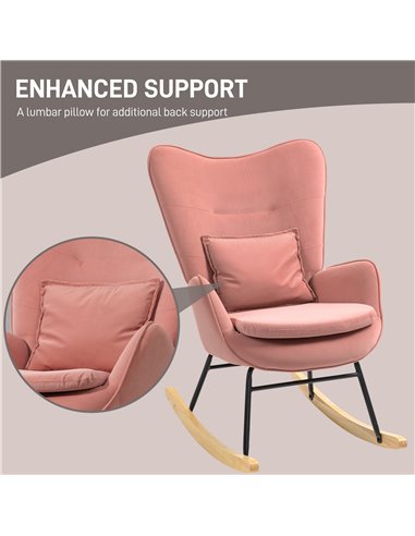 HOMCOM Velvet Rocking Chair Armchair with Lumbar Pillow, Metal Legs and Wood Base for Living Room, Bedroom, Pink 83B-006V70PK