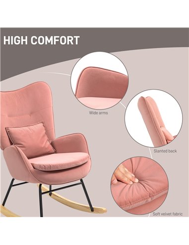 HOMCOM Velvet Rocking Chair Armchair with Lumbar Pillow, Metal Legs and Wood Base for Living Room, Bedroom, Pink 83B-006V70PK