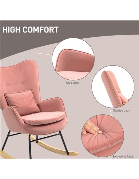 HOMCOM Velvet Rocking Chair Armchair with Lumbar Pillow, Metal Legs and Wood Base for Living Room, Bedroom, Pink 83B-006V70PK - pic 101004 | FastDaddyshop