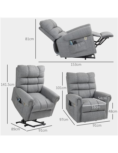 HOMCOM Rise and Recline Electric Massage Armchair - Grey 713-170V70GY - pic 101019 | FastDaddyshop