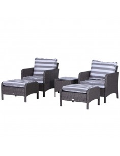 Outsunny 2-Seater PE Rattan Garden Furniture Set, 2 Armchairs, 2 Stools, Glass Top Table, Cushions, Dark Grey