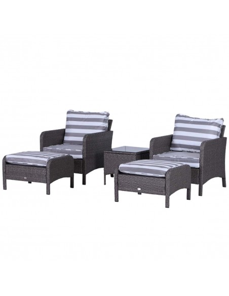 Outsunny 2-Seater PE Rattan Garden Furniture Set, 2 Armchairs, 2 Stools, Glass Top Table, Cushions, Dark Grey - pic 10105 | FastDaddyshop