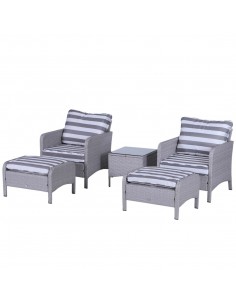 Outsunny 2-Seater PE Rattan Garden Furniture Set, 2 Armchairs, 2 Stools, Glass Top Table, Cushions, Grey