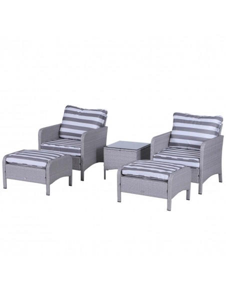 Outsunny 2-Seater PE Rattan Garden Furniture Set, 2 Armchairs, 2 Stools, Glass Top Table, Cushions, Grey - pic 10106 | FastDaddyshop