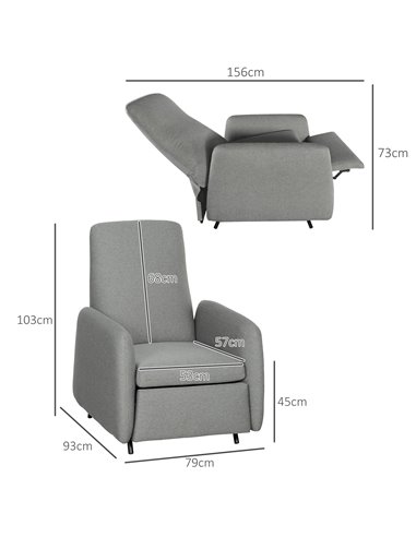 HOMCOM Push Back Recliner Armchair, Fabric High Back Reclining Chair with Adjustable Leg Rest and Pocket Spring Seat for Living 
