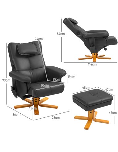 HOMCOM Faux Leather Massage Recliner Chair, with Storage Ottoman - Black 700-177V71BK