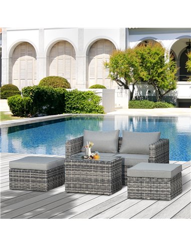 Outsunny 2 Seater Rattan Garden Furniture Set w/ Tall Glass-Top Table Aluminium Frame Balcony Sofa, Mixed Grey