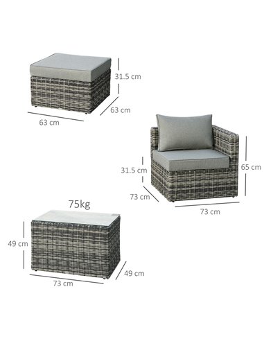 Outsunny 2 Seater Rattan Garden Furniture Set w/ Tall Glass-Top Table Aluminium Frame Balcony Sofa, Mixed Grey