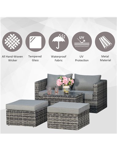 Outsunny 2 Seater Rattan Garden Furniture Set w/ Tall Glass-Top Table Aluminium Frame Balcony Sofa, Mixed Grey