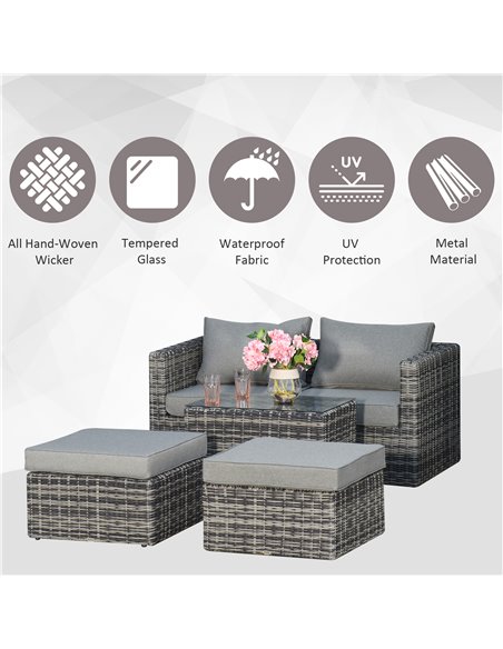 Outsunny 2 Seater Rattan Garden Furniture Set w/ Tall Glass-Top Table Aluminium Frame Balcony Sofa, Mixed Grey - pic 10118 | FastDaddyshop
