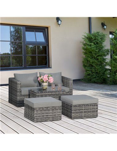 Outsunny 2 Seater Rattan Garden Furniture Set w/ Tall Glass-Top Table Aluminium Frame Balcony Sofa, Mixed Grey