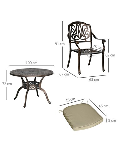Outsunny 4 Seater Outdoor Dining Set Antique Cast Aluminium Garden Furniture Set with Cushions Round Dining Table with Parasol H