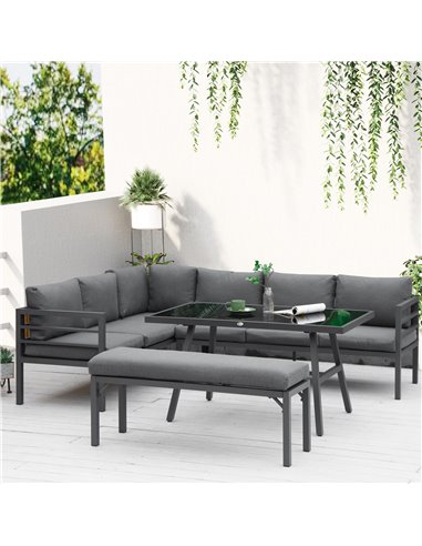 Outsunny 8-Seater L-shaped Garden Furniture Set with Conversation Sofa, Bench, Dining Table & Cushions, Grey