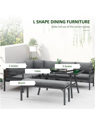 Outsunny 8-Seater L-shaped Garden Furniture Set with Conversation Sofa, Bench, Dining Table & Cushions, Grey