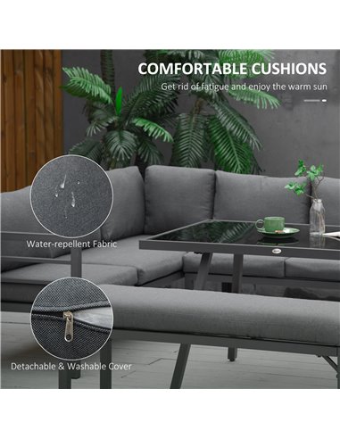 Outsunny 8-Seater L-shaped Garden Furniture Set with Conversation Sofa, Bench, Dining Table & Cushions, Grey
