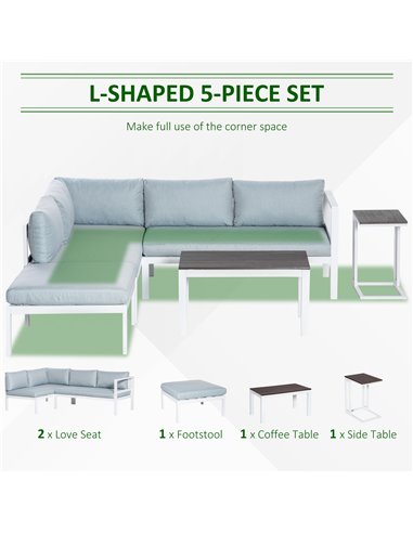 Outsunny 5-Piece L-shaped Garden Furniture Set, Aluminium Conversation Set, Corner Sofa Set with Coffee Table End Table Cushions