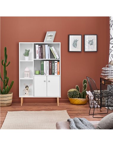 HOMCOM Sideboard Storage Cabinet Cupboard, Open Bookcase with 2 Doors 5 Compartments Wooden Modern Style for Living Room Bedroom