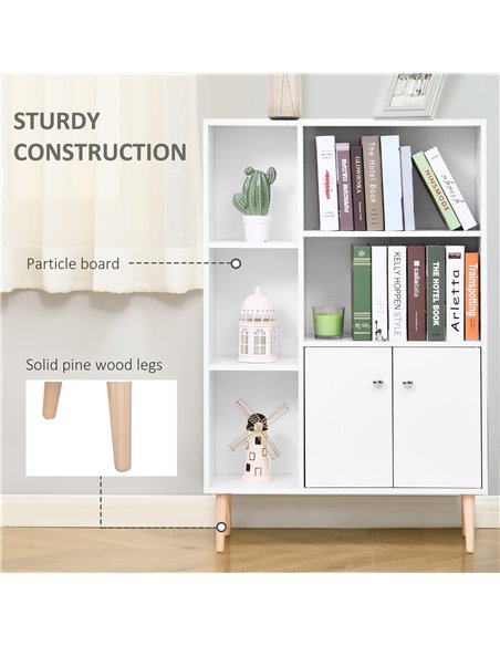 HOMCOM Sideboard Storage Cabinet Cupboard, Open Bookcase with 2 Doors 5 Compartments Wooden Modern Style for Living Room Bedroom - pic 101580 | FastDaddyshop